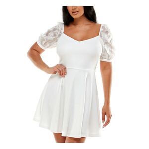 SPEECHLESS Womens Fit + Flare Mini Dress Ivory Pouf Sleeve Scuba Crepe Juniors 3
